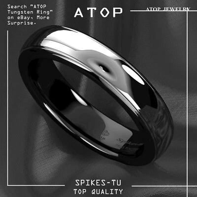 8/6mm Dome Black Silver Center Tungsten Carbide Ring ATOP Wedding Band Bridal - Image 1 of 4