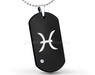 Pisces Zodiac Sign Dog Tag Tungsten Pendant w/ 0.07ct Amethyst Gemstone - Image 1 of 3
