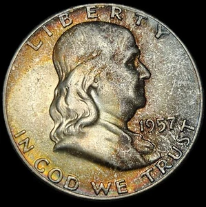 Mint Set Toned 1957 Franklin Silver Half Dollar- ANACS MS64 - Picture 1 of 9