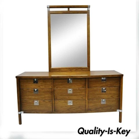 Vintage Mid Century Modern Walnut & Chrome 9 Drawer Credenza Dresser w/ Mirror Cover