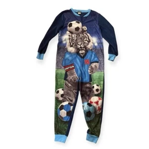 PL Sleep One Piece Velour Blue Soccer Pajamas PJs Suit Kids 7/8 - Picture 1 of 6