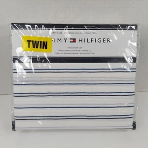 Tommy Hilfiger Blue White Stripe Ticking Cotton Blend TWIN Sheet Set 3pc New - Picture 1 of 5
