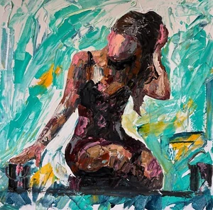 Original Impasto Seated Woman Abstract Textured Figure Painting Canvas 18" - Picture 1 of 2
