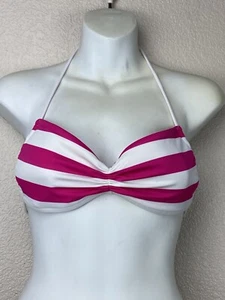 VICTORIA'S SECRET BIKINI TOP ONLY BANDEAU SMALL PINK & WHITE WIDE STRIPES - Picture 1 of 5