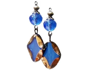 Earrings Blue Art Glass Cathedral Bead and crystal with boho trims - Picture 1 of 4