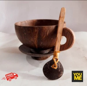 Coconut Shell Tea Coffee Cup Saucer & Spoon Eco Friendly Natural Handmade Ceylon - Picture 1 of 6