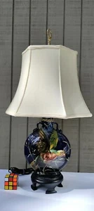 Antique French Barbotine pottery Moon Flask Vase Lamp Parrot Roses signed E.R. - Picture 1 of 12