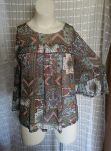 Bobbie Brooks Fall Patchwork Print Boho Bell Sleeve Peasant Top S,M,L,XL #NS3 - Picture 1 of 4