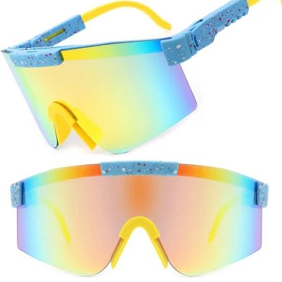 Óculos de sol azul esportivo futurista ajustável lente espelhada iridescente templo - Imagem 1 de 3