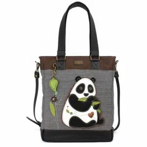 NEW CHALA WHITE BLACK STRIPE PLAYFUL PANDA WORK TOTE PURSE FAUX LEATHER CANVAS - Picture 1 of 7