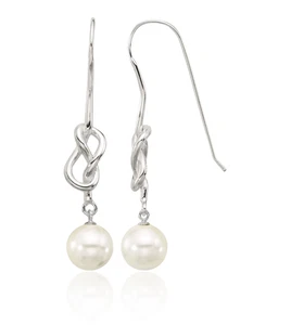 925 Sterling Silver Love Knot 10mm Pearl Dangle Earrings - Picture 1 of 11
