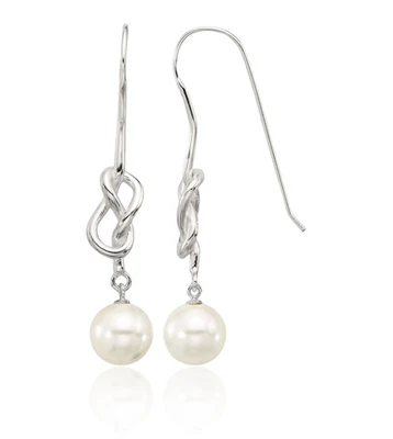 925 Sterling Silver Love Knot 10mm Pearl Dangle Earrings - Image 1 of 4