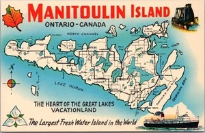 Mapa postal "Corazón de los Grandes Lagos" de Ontario Canadá de la década de 1950 MANITOULIN ISLAND - Imagen 1 de 2