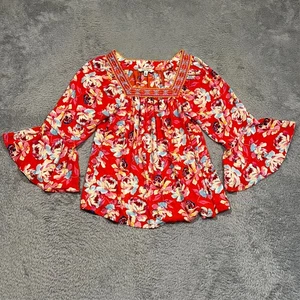 The Pioneer Woman Top Blouse Women's M Red Floral Bell Sleeve Embroidered - Picture 1 of 12