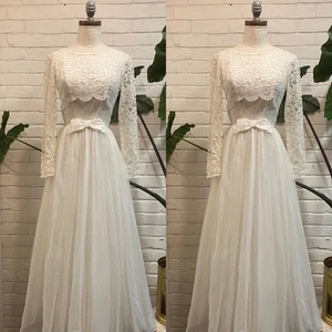 Beach Wedding Dresses Lace Long Sleeves Beach Boho A Line Tulle Bridal Gowns - Picture 1 of 10