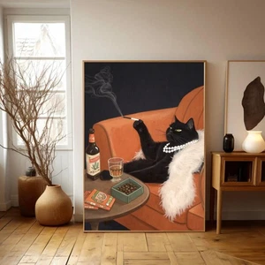 Funny Black Cat Smoking Poster - Bar or Kitchen Decoration for Cat Lovers - Picture 1 of 5