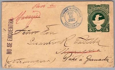 1892 Tegucigalpa Honduras Postal Stationery  Cover to Managua Nicaragua - Image 1 of 2