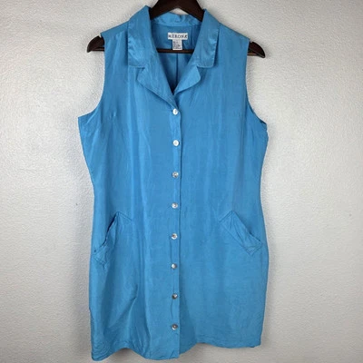Vestido Merona Mujer Talla L Azul 100% Seda Cambio Vaina Sin Mangas Botón Delantero  Foto 1 de 4