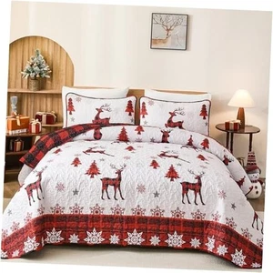 Christmas Quilt Set Size 3 Pieces,Christmas Tree Reindeer Bedspread Queen Red - Picture 1 of 8