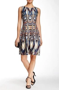 Kleid Größe 10 abstrakt geometrisches Muster Plissee Scuba Fit & Flare mit Taschen - Bild 1 von 7