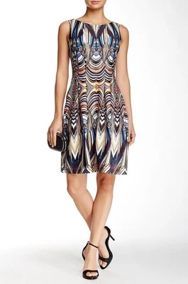 Size 10 Abstract Geometric Print Pleated Scuba Fit & Flare Dress W/Pockets - Image 1 of 4