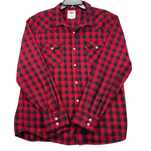 Levis Mens XL Standard Fit Red Black Pearl Snap Long Sleeve Flannel Plaid Shirt - Picture 1 of 11