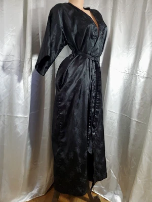 Vintage SAKS FIFTH AVENUE Long Kimono Robe LUXE BLACK SATIN Jacquard Floral MED - Image 1 of 4