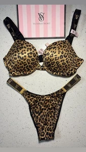 Victoria's Secret Cheetah Print Shine Strap Bra 32C & Brazilian Panty S Set NWT - Picture 1 of 3