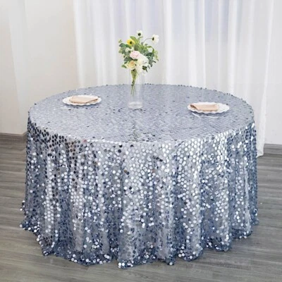 DUSTY BLUE ROUND 120" Large Payette Sequin TABLECLOTH Wedding Catering Dinner - Image 1 of 4