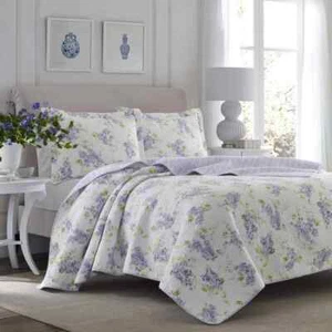 Laura Ashley 3-Piece Quilt Set Full/Queen Reversible Solid Cotton Polyester - Picture 1 of 5