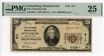1929 Gettysburg, PA $20 note Gettysburg NB CH#611 PMG 25 - Image 1 of 2