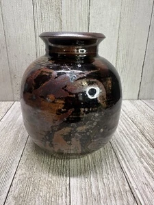 Vtg 4.5 inch Vase Stoneware Pottery Ceramic Dark Brown Galaxy Glaze MCM - Picture 1 of 7
