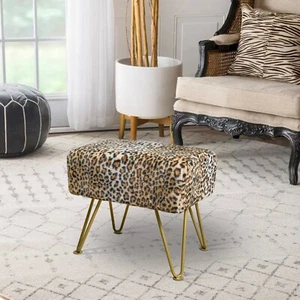 Luxury Leopard Print Faux Fur Ottoman Plush Entryway Bench with Gold Metal Legs - Picture 1 of 75