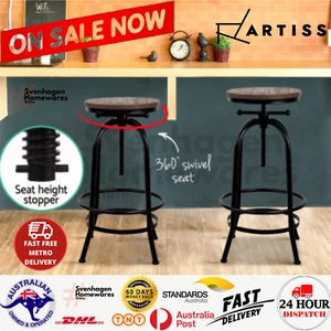 Artiss Bar Stool Industrial Round Seat Wood Metal - Black and Brown - Picture 1 of 9