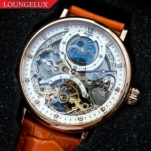 Mens Dual Time Flywheel Automatic Mechanical Watch Rose Gold Orange Deployant - Picture 1 of 12