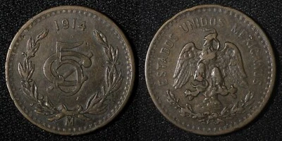 MEXICO Bronze Bronze 1914 Mo 5 Centavos 1st Year Type SCARCE DATE KM# 422 (417) - Image 1 of 3