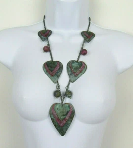 VTG 1960s 70s METAL TRIPLE HEARTS NECKLACE 25" LONG LAVENDER TURQUOISE COLORS - Picture 1 of 12