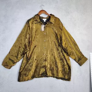 Avenue Shirt Womens 26/28 Green Gold Long Sleeve Button Up Lagenlook Classic NWT - Picture 1 of 15