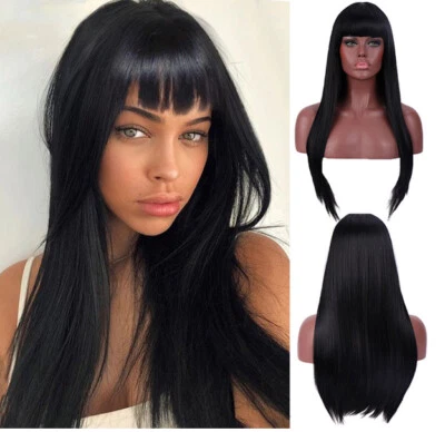 Long Black Straight Hair With Bangs Full Wig Fiber Wigs Long Glueless Soft Wig - Image 1 of 4
