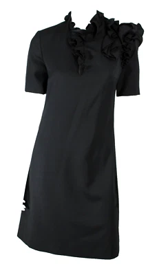 LANVIN Black Wool Twill Ruffled Trim Short Sleeve Shift Dress 38 - Image 1 of 4