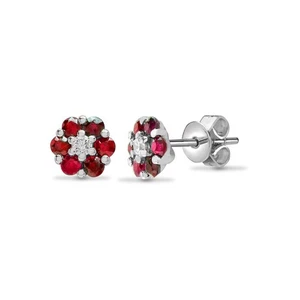 18ct White Gold Jewelco London Diamond Red Ruby Daisy Cluster Stud Earrings - Picture 1 of 3