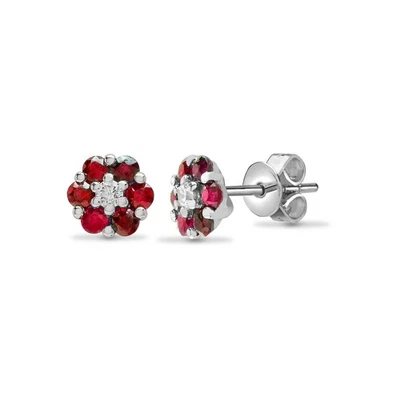 18ct White Gold Jewelco London Diamond Red Ruby Daisy Cluster Stud Earrings - Image 1 of 3