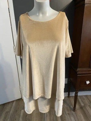 DG2 by Diane Gilman Beige Stretch Velvet Top Sz M Hi Low Hem Double Layer NWT - Image 1 of 3