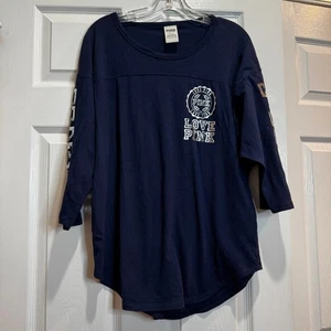 Victoria Secret PINK T-Shirt MEDIUM Navy Blue Silver Sequin Love Pink 3/4 Sleeve - Picture 1 of 12
