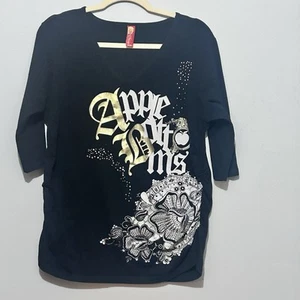 Apple Bottoms Y2K Top Schwarz Gold Grafik Strass Shirt Damen 2XL (XL) Nelly - Bild 1 von 7