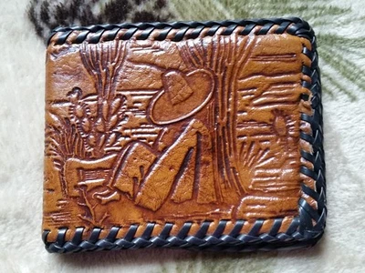 Cartera plegable de colección de cuero marrón en relieve hecha a mano caballo vaquero occidental Foto 1 de 4