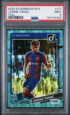 2023–24 Panini Donruss Lamine Yamal No 177 рейтинг дебютант бирюзовый /199 Barcelona PSA 9 - Изображение 1 из 4