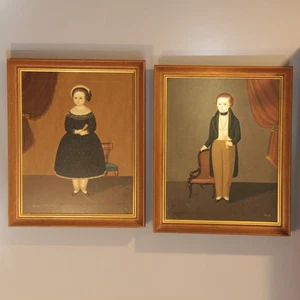 Coppia di dipinti olio su tela ragazzo e ragazza - Oscar Bernach - arte popolare primitiva - Foto 1 di 6