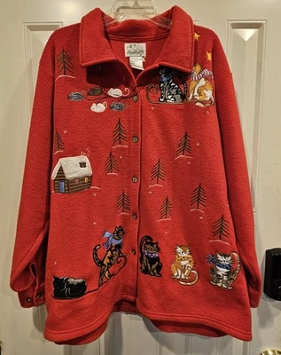 The Quaker Factory Cat Christmas Fleece Sweater/Jacket Women's 2X - Image 1 of 4