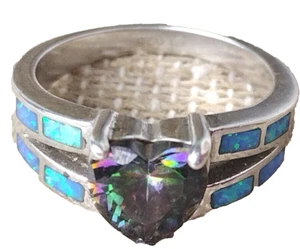 925 STERLING SILVER CI GREEN HEART CRYSTAL WITH BLUE OPAL INLAY RING SIZE 7 -PIC - Picture 1 of 6
